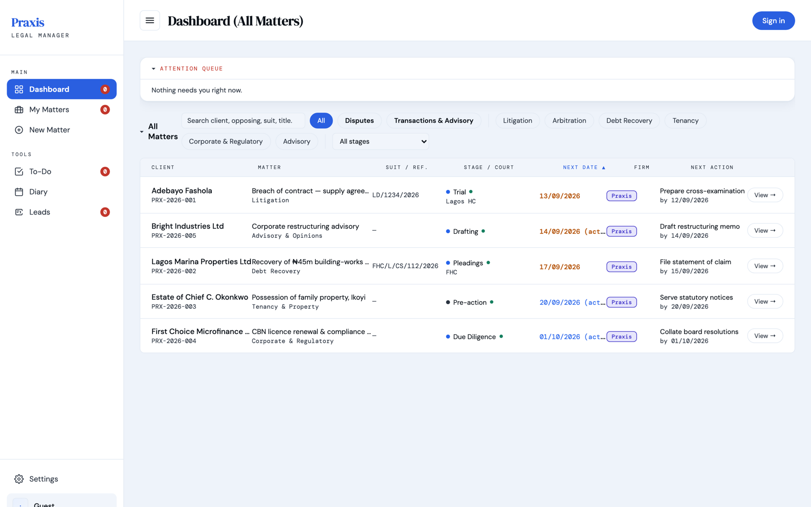 Praxis dashboard showing a lawyer's active matters, next court dates and next actions